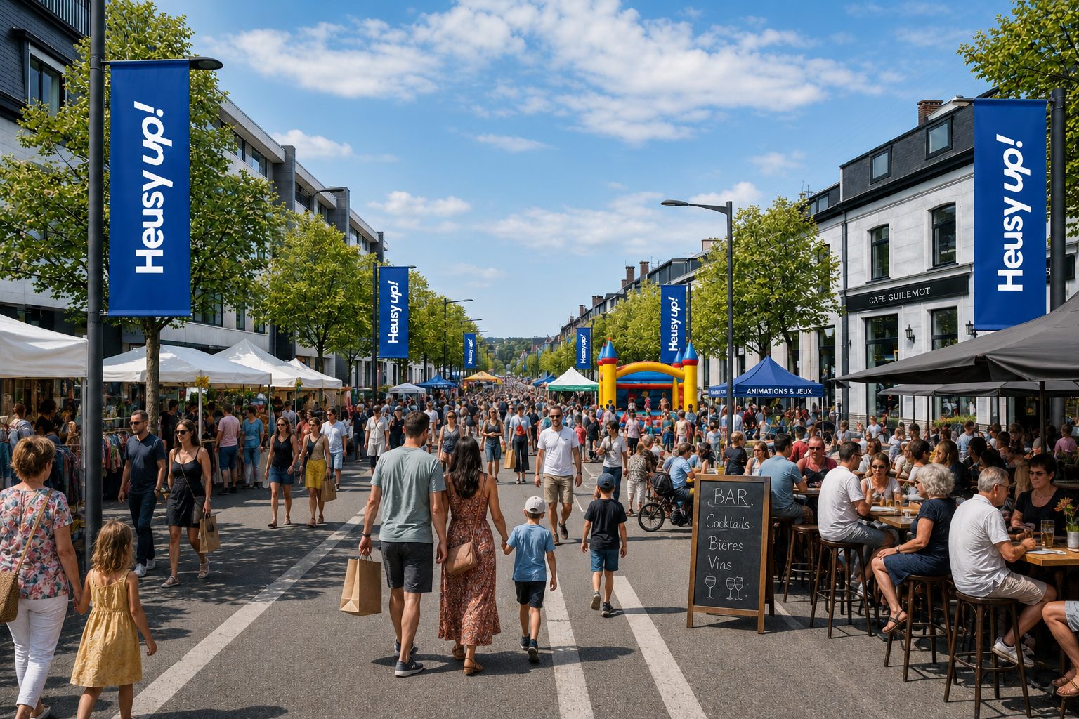 L'avenue de Spa animée lors d'un événement Heusy up!, avec stands, animations et terrasses.